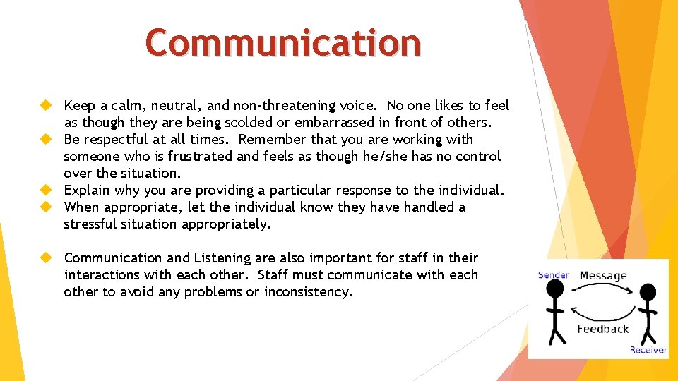 Communication Keep a calm, neutral, and non-threatening voice. No one likes to feel as