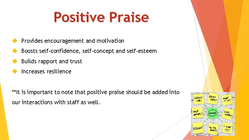 Positive Praise Provides encouragement and motivation Boosts self-confidence, self-concept and self-esteem Builds rapport and