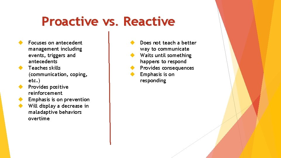 Proactive vs. Reactive Focuses on antecedent management including events, triggers and antecedents Teaches skills