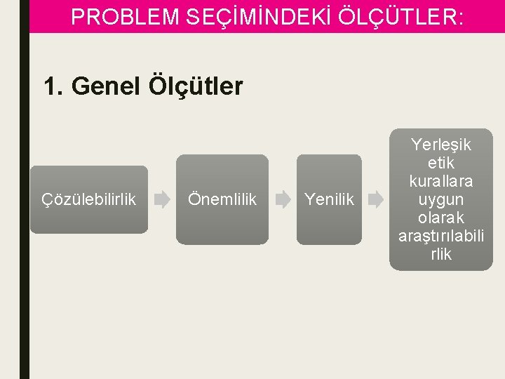 PROBLEM SEÇİMİNDEKİ ÖLÇÜTLER: 1. Genel Ölçütler Çözülebilirlik Önemlilik Yenilik Yerleşik etik kurallara uygun olarak