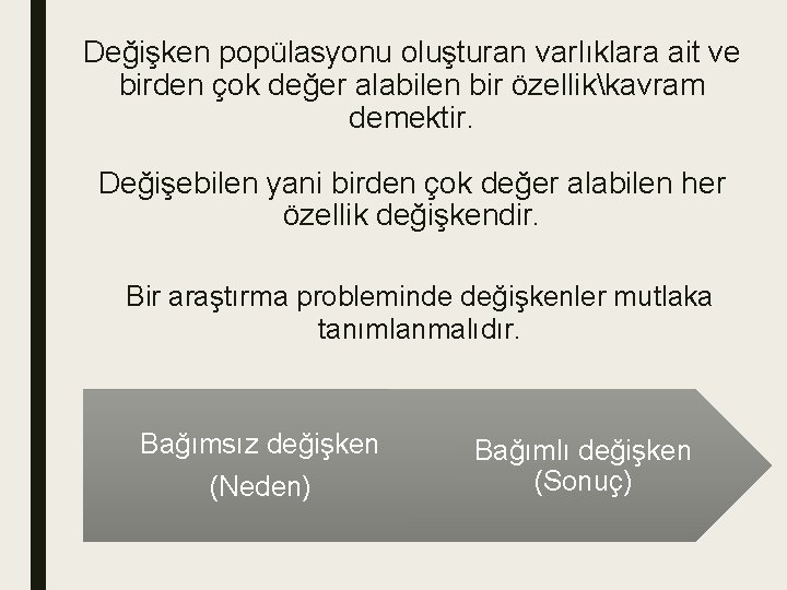 Değişken popülasyonu oluşturan varlıklara ait ve birden çok değer alabilen bir özellikkavram demektir. Değişebilen