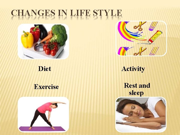 CHANGES IN LIFE STYLE Diet Exercise Activity Rest and sleep 