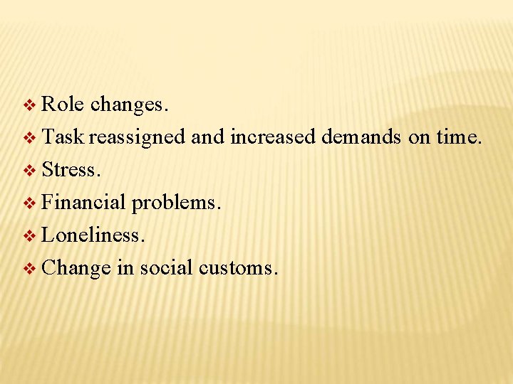  Role changes. Task reassigned and increased demands on time. Stress. Financial problems. Loneliness.