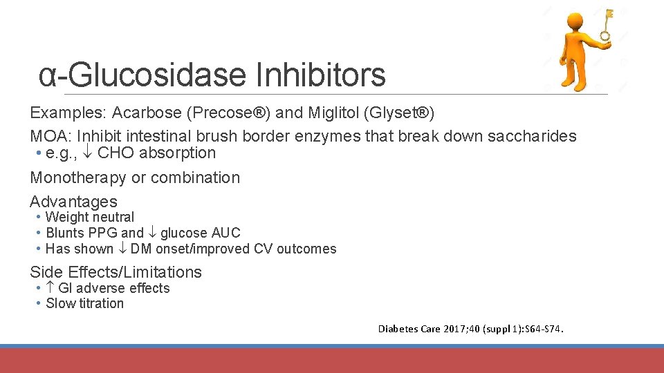 α-Glucosidase Inhibitors Examples: Acarbose (Precose®) and Miglitol (Glyset®) MOA: Inhibit intestinal brush border enzymes