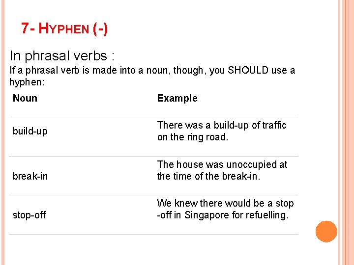 7 - HYPHEN (-) In phrasal verbs : If a phrasal verb is made