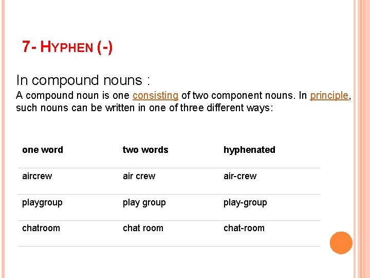 7 - HYPHEN (-) In compound nouns : A compound noun is one consisting