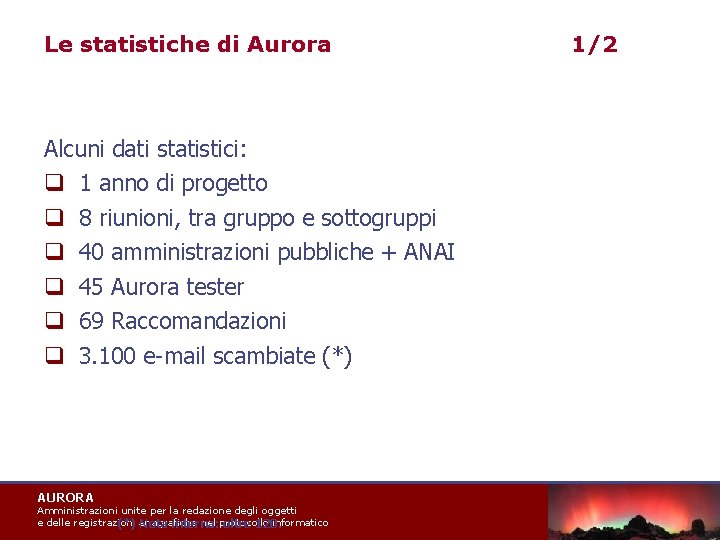 Le statistiche di Aurora Alcuni dati statistici: q 1 anno di progetto q 8