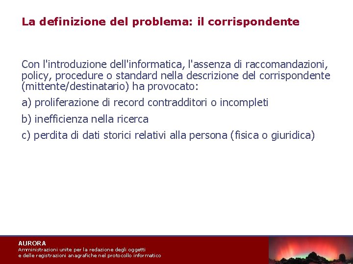 La definizione del problema: il corrispondente Con l'introduzione dell'informatica, l'assenza di raccomandazioni, policy, procedure