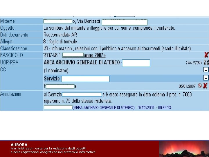 AURORA Amministrazioni unite per la redazione degli oggetti e delle registrazioni anagrafiche nel protocollo