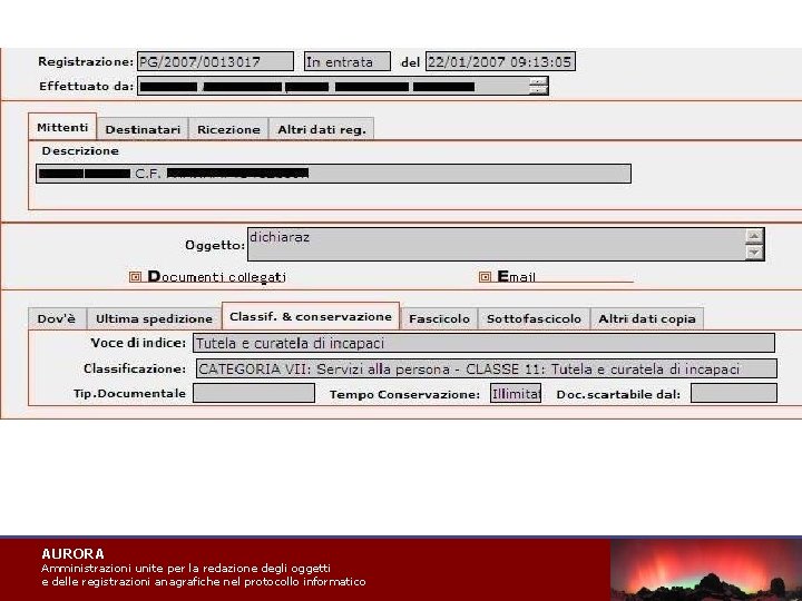 AURORA Amministrazioni unite per la redazione degli oggetti e delle registrazioni anagrafiche nel protocollo