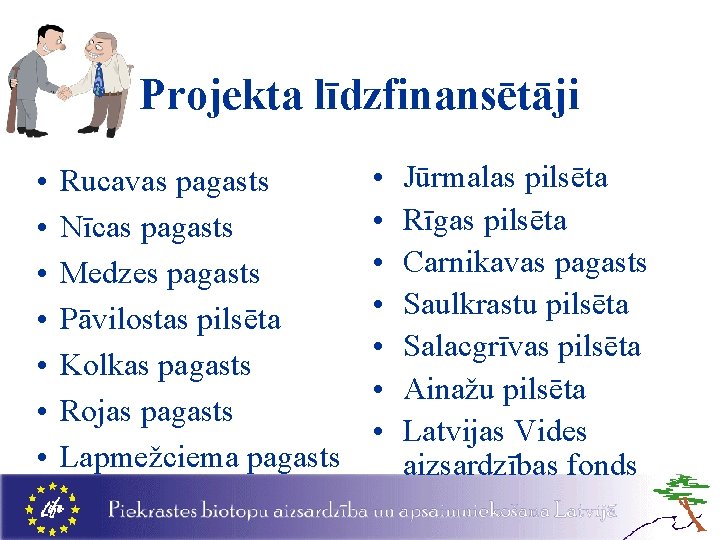 Projekta līdzfinansētāji • • Rucavas pagasts Nīcas pagasts Medzes pagasts Pāvilostas pilsēta Kolkas pagasts