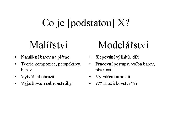 Co je [podstatou] X? Malířství Modelářství • Nanášení barev na plátno • Teorie kompozice,