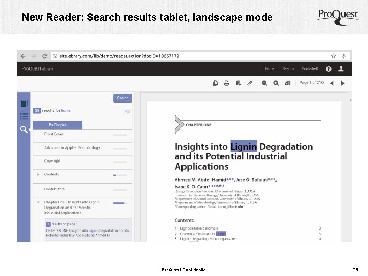 New Reader: Search results tablet, landscape mode Pro. Quest Confidential 28 