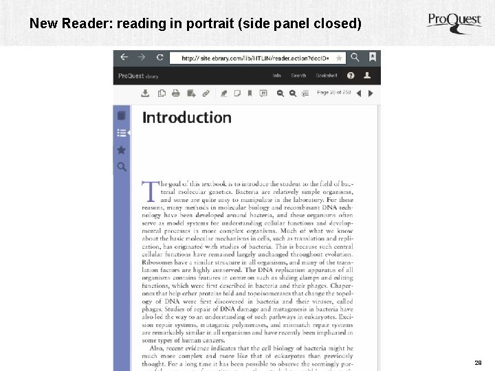New Reader: reading in portrait (side panel closed) Pro. Quest Confidential 29 