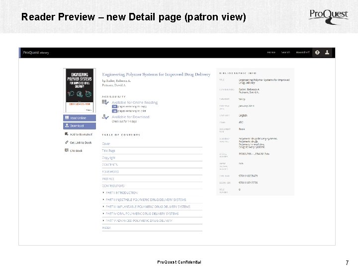 Reader Preview – new Detail page (patron view) Pro. Quest Confidential 7 