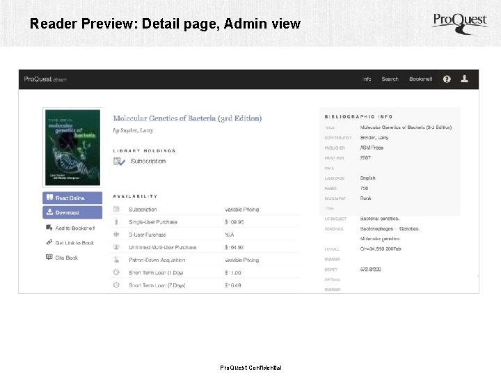 Reader Preview: Detail page, Admin view Pro. Quest Confidential 