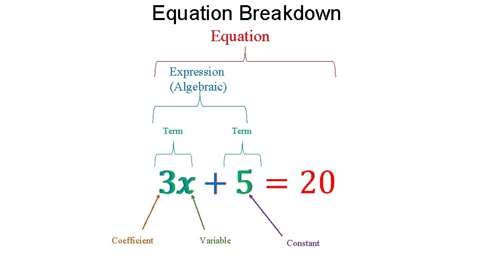 Equation Breakdown Equation Expression (Algebraic) Term Coefficient Term Variable Constant 