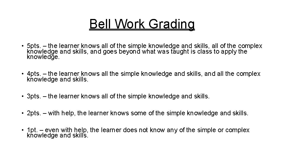 Bell Work Grading • 5 pts. – the learner knows all of the simple