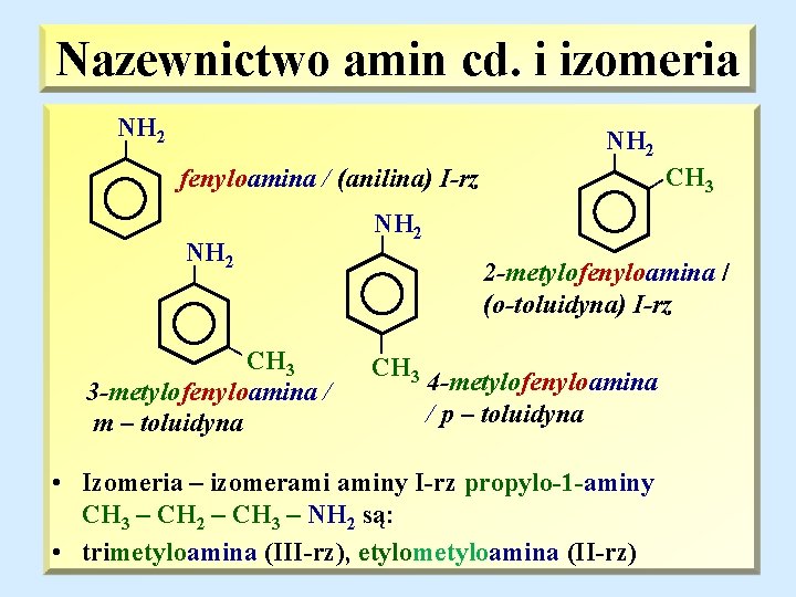 Nazewnictwo amin cd. i izomeria NH 2 | 2 -metylofenyloamina / (o-toluidyna) I-rz |