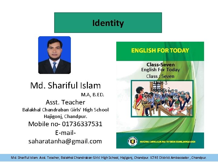 Identity Md. Shariful Islam M. A, B. ED. Asst. Teacher English For Today Class