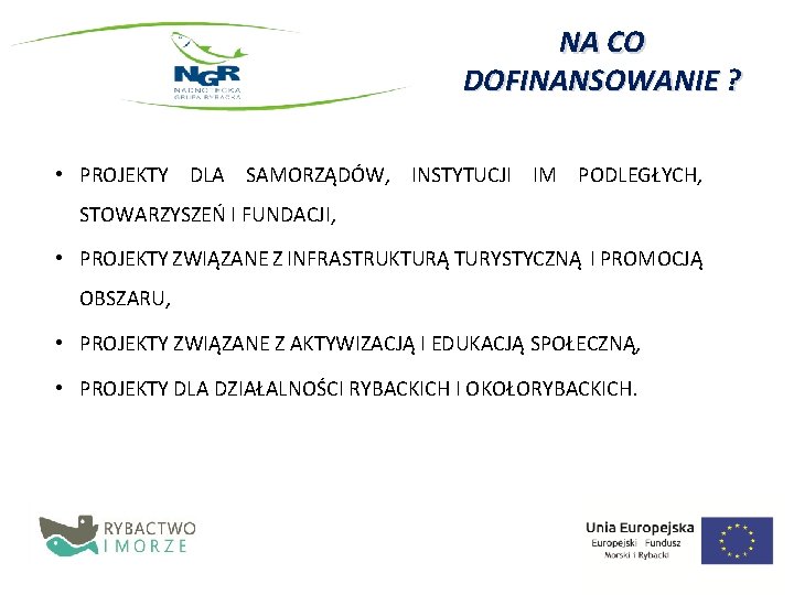 NA CO DOFINANSOWANIE ? • PROJEKTY DLA SAMORZĄDÓW, INSTYTUCJI IM PODLEGŁYCH, STOWARZYSZEŃ I FUNDACJI,