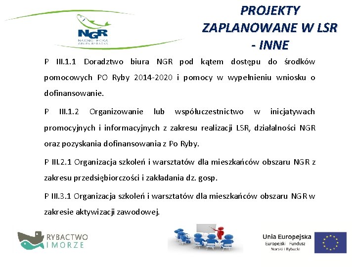 PROJEKTY ZAPLANOWANE W LSR - INNE P III. 1. 1 Doradztwo biura NGR pod