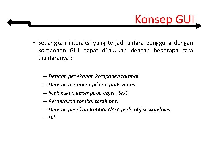 Konsep GUI • Sedangkan interaksi yang terjadi antara pengguna dengan komponen GUI dapat dilakukan