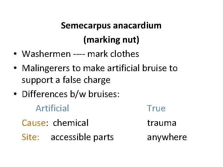 Semecarpus anacardium (marking nut) • Washermen ---- mark clothes • Malingerers to make artificial