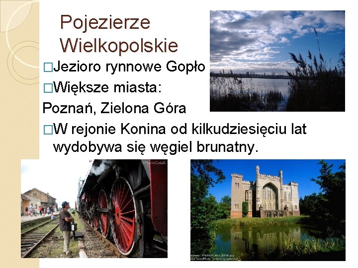 Pojezierze Wielkopolskie �Jezioro rynnowe Gopło �Większe miasta: Poznań, Zielona Góra �W rejonie Konina od