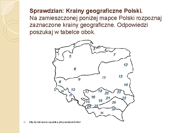 Sprawdzian: Krainy geograficzne Polski. Na zamieszczonej poniżej mapce Polski rozpoznaj zaznaczone krainy geograficzne. Odpowiedzi