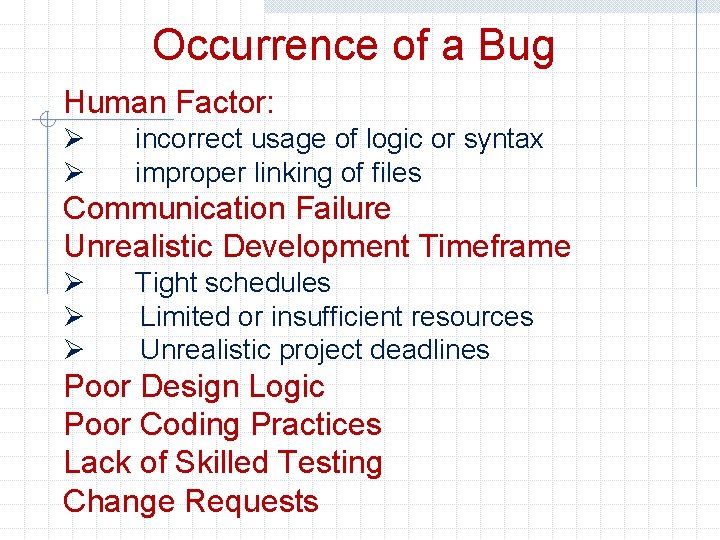 Occurrence of a Bug Human Factor: Ø Ø incorrect usage of logic or syntax