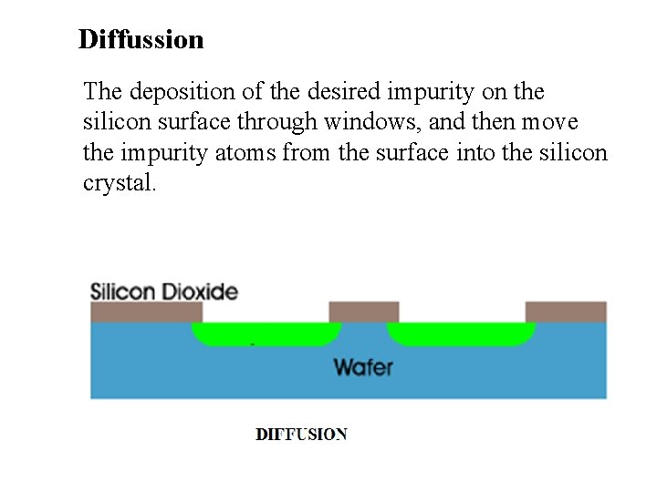 Diffussion The deposition of the desired impurity on the silicon surface through windows, and