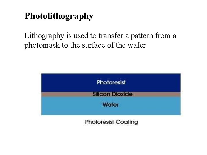 Photolithography Lithography is used to transfer a pattern from a photomask to the surface