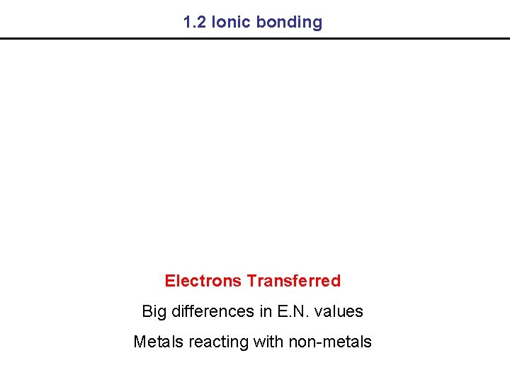 1. 2 Ionic bonding Electrons Transferred Big differences in E. N. values Metals reacting