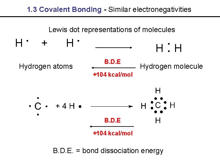 1. 3 Covalent Bonding - Similar electronegativities . H Lewis dot representations of molecules