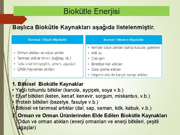 Biokütle Enerjisi Başlıca Biokütle Kaynakları aşağıda listelenmiştir. 1. Bitkisel Biokütle Kaynaklar • Yağlı tohumlu