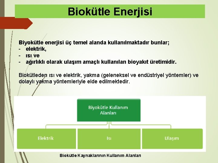 Biokütle Enerjisi Biyokütle enerjisi üç temel alanda kullanılmaktadır bunlar; - elektrik, - ısı ve