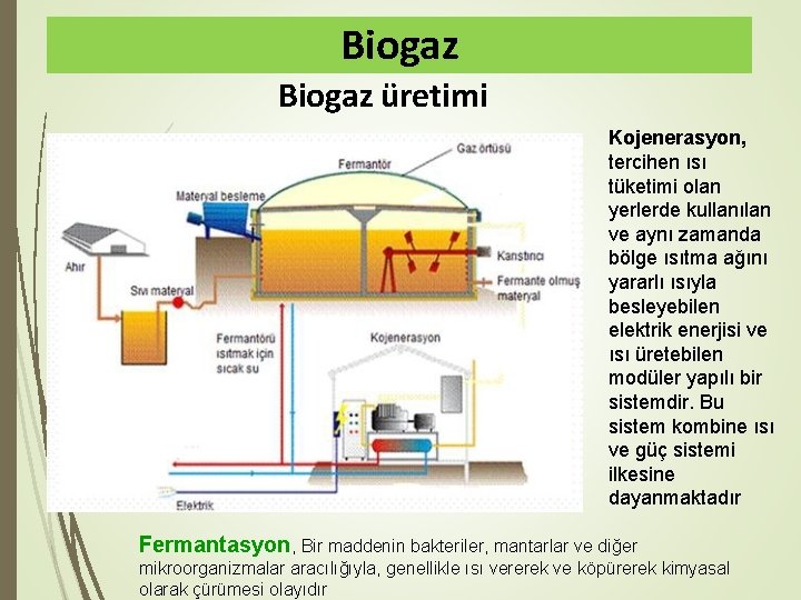 Biogaz üretimi Kojenerasyon, tercihen ısı tüketimi olan yerlerde kullanılan ve aynı zamanda bölge ısıtma