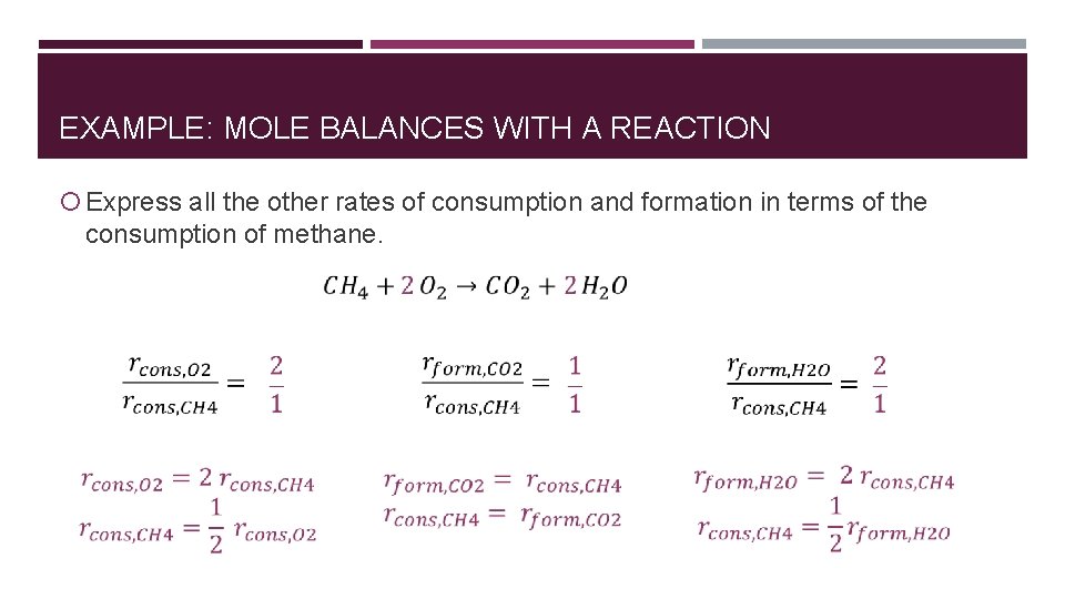 EXAMPLE: MOLE BALANCES WITH A REACTION Express all the other rates of consumption and