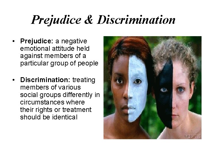 Prejudice & Discrimination • Prejudice: a negative emotional attitude held against members of a