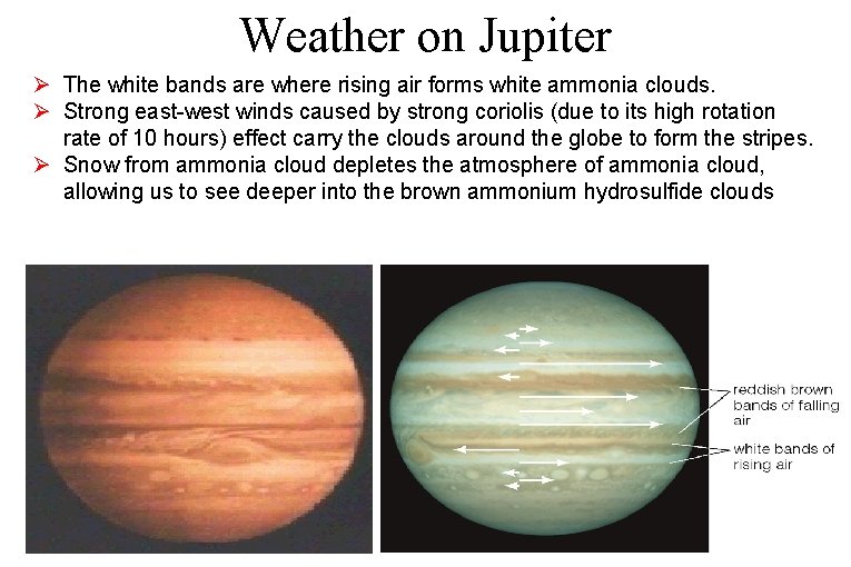 Weather on Jupiter Ø The white bands are where rising air forms white ammonia