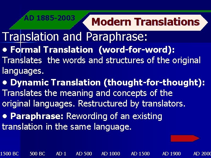 AD 1885 -2003 Modern Translations Translation and Paraphrase: • Formal Translation (word-for-word): Translates the