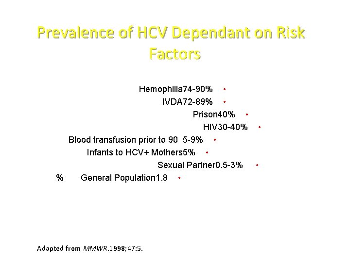 Prevalence of HCV Dependant on Risk Factors Hemophilia 74 -90% • IVDA 72 -89%