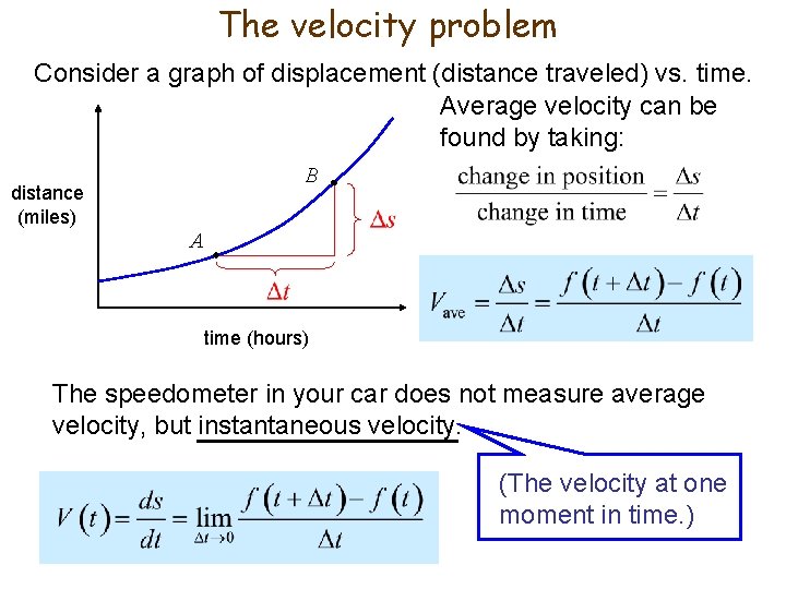 The velocity problem Consider a graph of displacement (distance traveled) vs. time. Average velocity