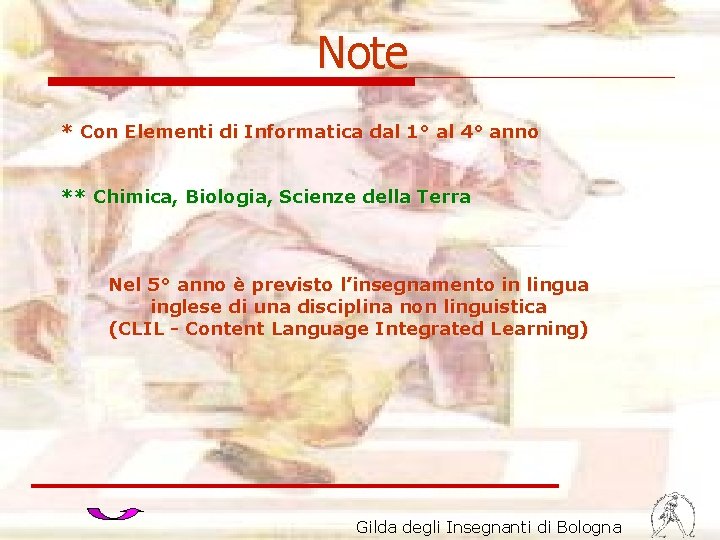 Note * Con Elementi di Informatica dal 1° al 4° anno ** Chimica, Biologia,