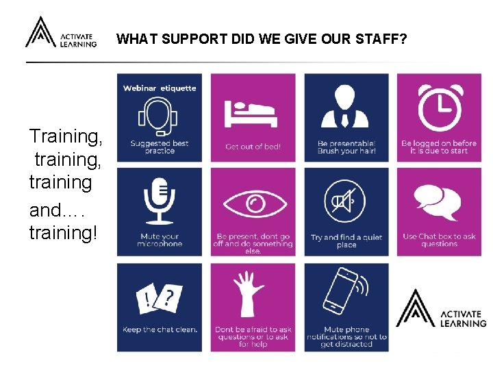 WHAT SUPPORT DID WE GIVE OUR STAFF? Training, training and…. training! 