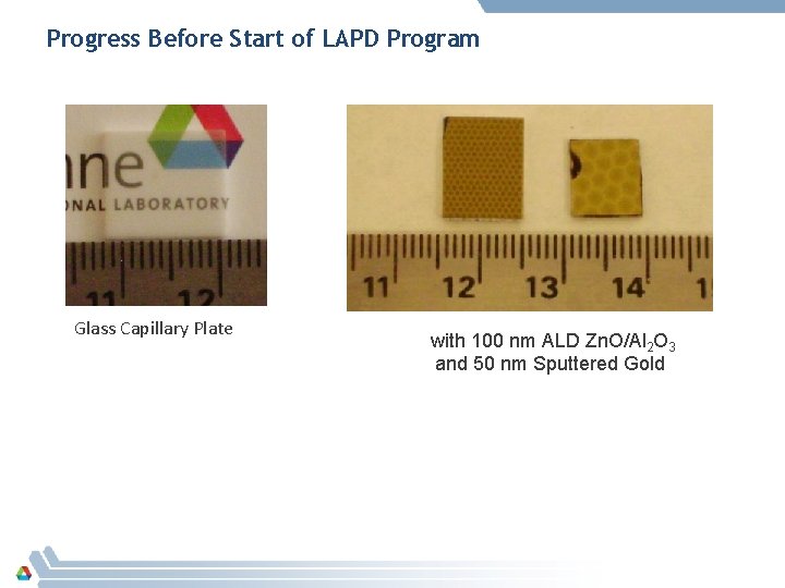 Progress Before Start of LAPD Program Glass Capillary Plate with 100 nm ALD Zn.