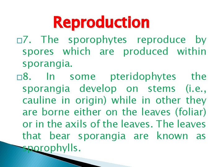 � 7. Reproduction The sporophytes reproduce by spores which are produced within sporangia. �
