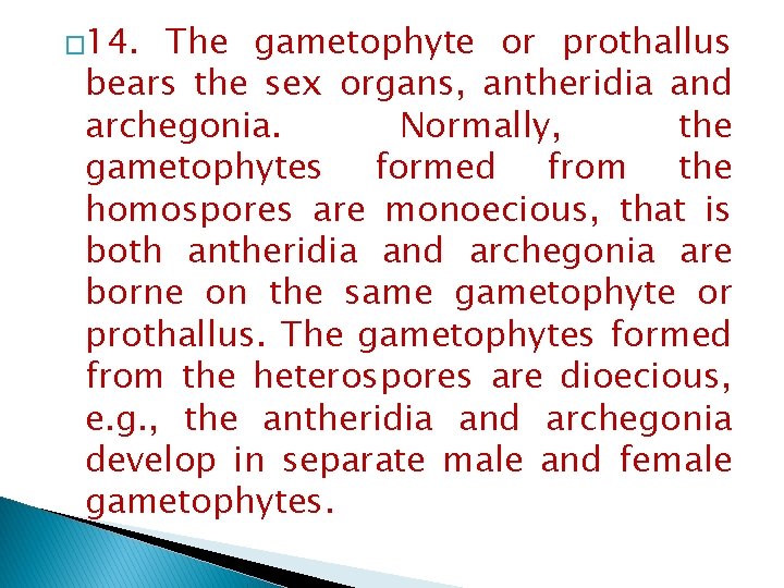 � 14. The gametophyte or prothallus bears the sex organs, antheridia and archegonia. Normally,