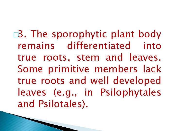 � 3. The sporophytic plant body remains differentiated into true roots, stem and leaves.